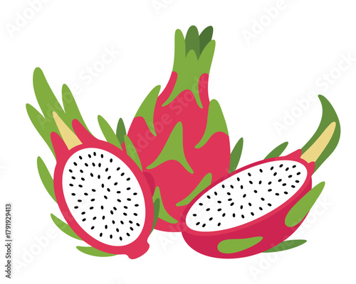 Vibrant dragon fruit halves and whole fruit isolated on white background