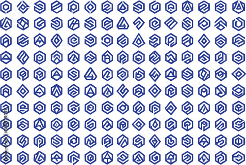 Massive Hexagon Monogram and Letter Logo Set - Abstract Blue Line Art Vector Icons for Tech and Corporate Identity