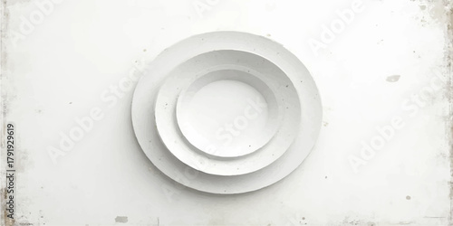 Clean, round, white porcelain dinner plate on an old, textured paper background
