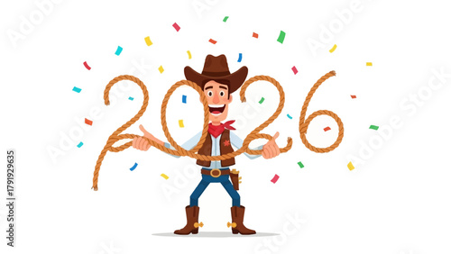 Cowboy with Rope and the Year 2026: An illustration showcases a jovial cowboy, meticulously crafting the year 2026 with a rope, amidst a celebratory swirl of confetti.