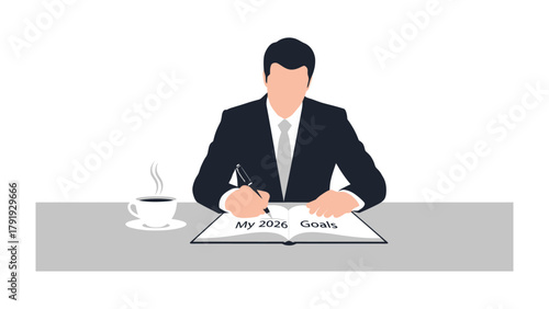 Goal Setting: A person begins their professional journey with their notepad, pen and cup of coffee. The table is clean. 