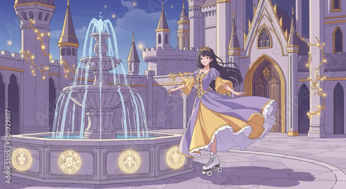 Enchanting evening scene of a princess roller-skating in front of a majestic castle