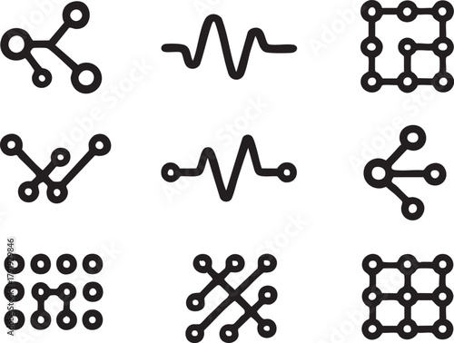 Network and Technology Line Icons Set—Vector Symbols for Data, AI, Signal, and Digital Connectivity