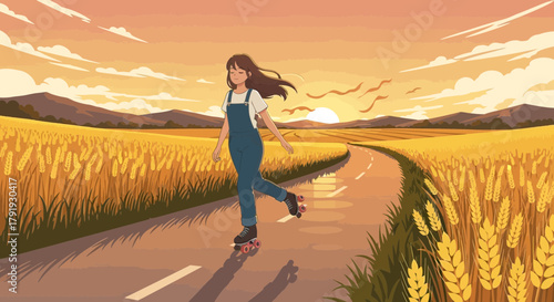 Roller Skating Through Golden Wheat Fields at Sunset: A Serene Illustration
