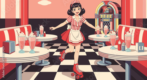 Animated roller skate waitress in a vintage diner serving milkshakes and nostalgia