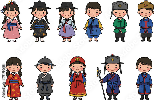 Traditional Korean hanbok characters, cultural costume illustration, historical clothing set, Korean heritage fashion, cartoon people in hanbok, ethnic attire design, Korean style clipart, vector art