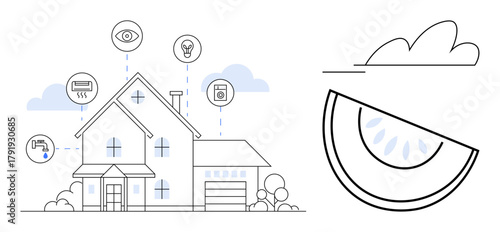 House with connected devices representing IoT features, including water management, energy efficiency, security, and appliances. Ideal for technology, living, sustainability, innovation comfort
