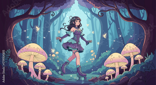 Enchanting roller skating adventure amidst a magical forest landscape