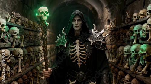 Mysterious Hooded Sorcerer Walking Through Chamber Filled with Skulls and Glowing Green Mist