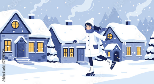 Winter rollerblading through a snow-covered cartoon village evokes cheerful winter fun