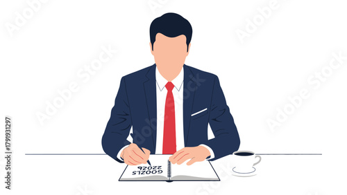 Office Notes: A focused person meticulously writes in a notebook, with coffee, symbolizing work and planning.