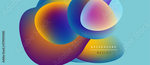 Abstract fluid shapes overlap, creating vibrant color gradients. Blue background complements warm tones, modern design element.