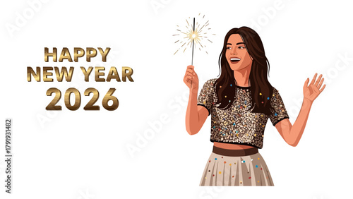 New Year Sparkler: A woman joyfully celebrates the New Year, holding a sparkling sparkler as golden letters spell out the year 2026.