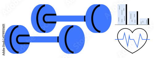 Two blue dumbbells, stylized heart with heartbeat line, and bar graph highlight fitness, exercise, health tracking, data analysis, cardiovascular health, wellness goals, and progress monitoring
