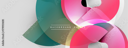 Abstract design features overlapping translucent circles. Colors include pink, teal, purple, white. Modern aesthetic, dynamic composition.