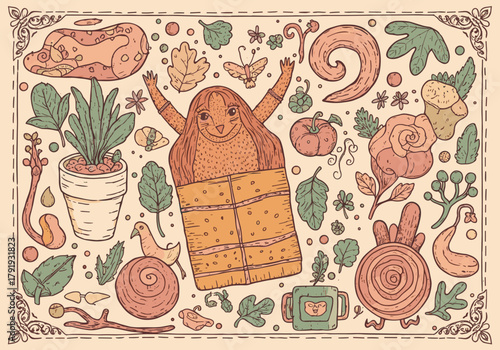 Whimsical nature illustration, fantasy elements, cute character, mushroom art, leafy design, cartoon style, food fusion, magical scene, hand-drawn icons, playful composition, creative artwork