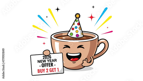 Festive Brew Celebration: A cheerful cartoon coffee cup, adorned with a party hat and holding a promotional sign for a new year offer, radiates joy and invites indulgence.