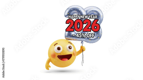 Joyful Emoji's New Year Offer: A smiling emoji with sparkling balloon announcing Happy New Year 2026 with a tempting -45% off discount! It's an invitation to embrace the future!