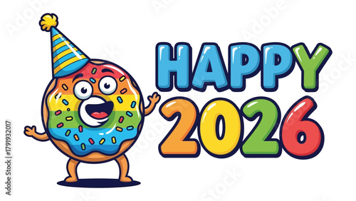 Donut of Joy - Celebrating 2026: An animated, colorful donut, adorned with a party hat, enthusiastically welcomes the year 2026, radiating happiness and celebration.
