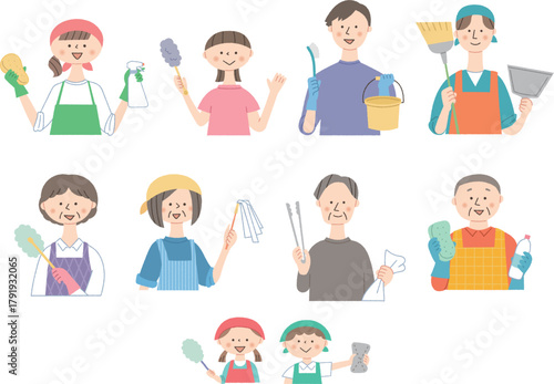 掃除道具を持った人々のイラストセット