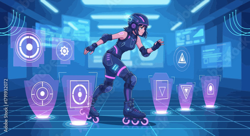 Futuristic Rollerblade Racer Navigating Holographic Data in a Cyberpunk Arena