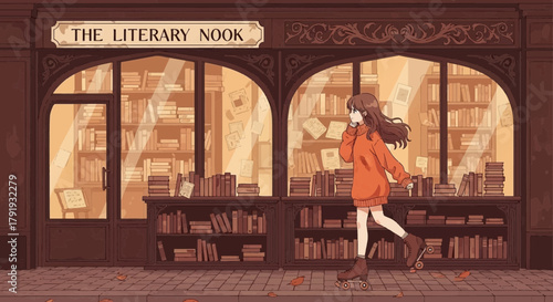 An animated girl roller skating past a cozy bookstore called 'The Literary Nook'