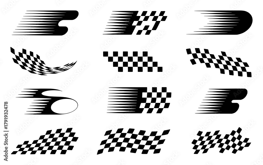 Obraz premium Collection of Black and White Racing Flags and Speed Lines Graphics