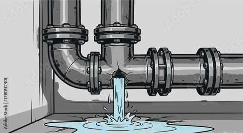 Leaking pipe with flowing water, cartoon illustration isolated on white background. Concept of economical water consumption. Vector illustration, EPS version.