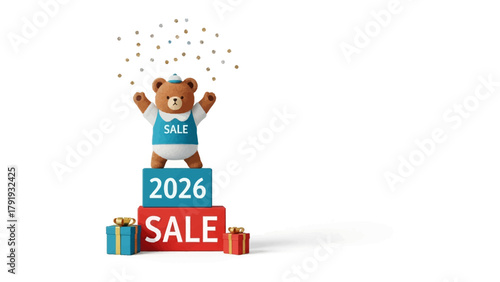 Teddy Bear Sale Extravaganza: A charming teddy bear, festively attired, celebrates a SALE event atop a tiered display, with a year of 2026.