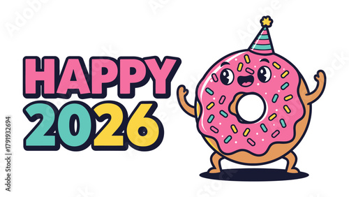 Donut Celebration for 2026: An illustrated donut character with a party hat cheerfully welcomes the new year. Vibrant colors and a festive mood dominate, making it ideal for holiday greetings.