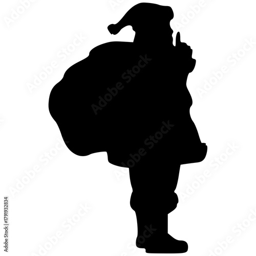 Minimalist santa claus silhouette with finger on lips carrying gift bag christmas holiday vector illustration image vector