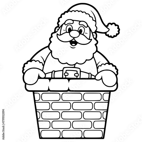 Minimalist cartoon santa claus stuck in chimney outline vector illustration for christmas holiday coloring page art vector