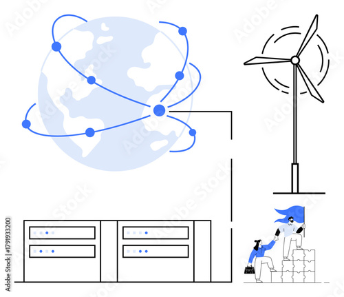 Planet with connected nodes, wind turbine, data centers, and person stacking boxes. Ideal for technology, sustainability, renewable energy, global communication, innovation logistics teamwork