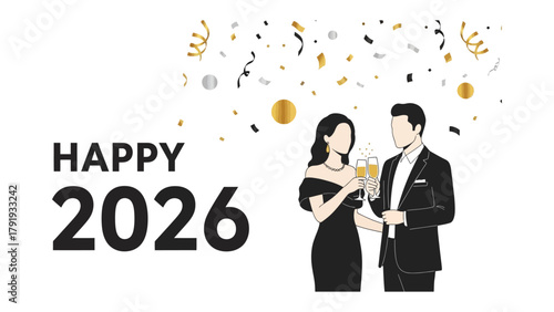 New Year's toast: A stylish couple raises their champagne flutes in a toast to a new year. The festive scene features sparkling confetti falling around them, symbolizing celebration, joy, and hope.
