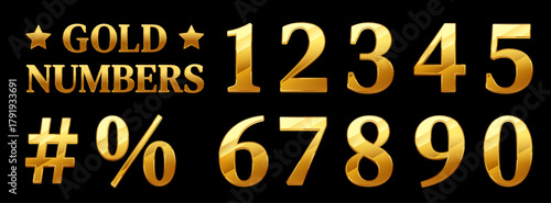 Shiny gold 3D numbers and symbols on a black background