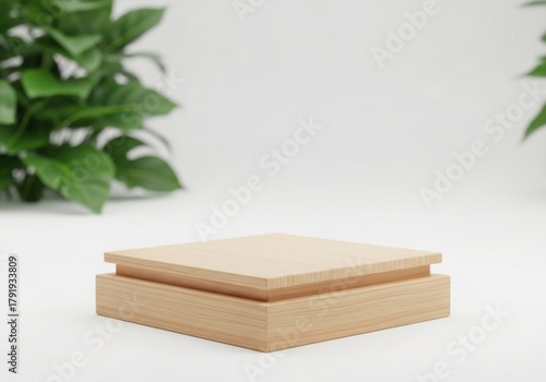 Wooden product display podium with blurred nature leaves background. 3D rendering