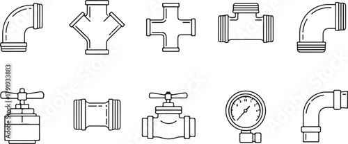 Plumbing pipe fittings, valves, and gauges set of line icons