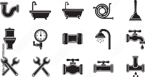 Plumbing tools and bathroom fixtures vector isolated icons set
