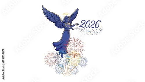 Fotografía Celestial Vision: An angelic figure gracefully soars amidst a spectacle of fireworks, heralding the arrival of 2026 with a touch of magic and optimism