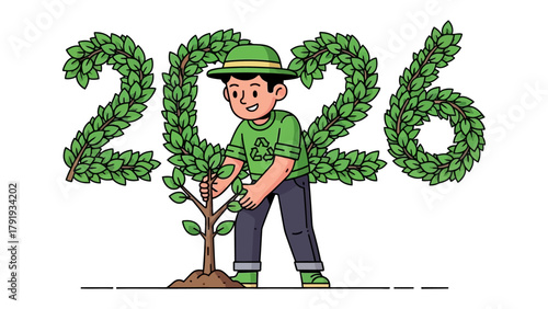 Planting the Future: A young person diligently plants a sapling, symbolizing growth, renewal, and environmental consciousness, accompanied by the year 2026 shaped in leaves.