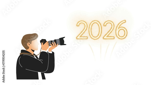 Visualizing the Future: A skilled photographer focuses his lens on the upcoming year 2026, embodying vision and anticipation.