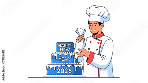 Celebratory Cake Chef: A cheerful chef meticulously decorates a tiered cake inscribed with Happy New Year 2026, symbolizing new beginnings and festive cheer. 