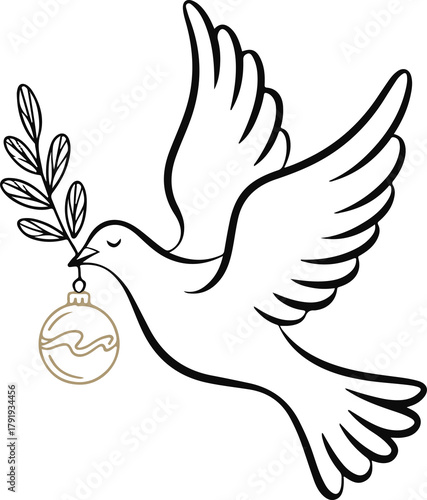 Elegant dove carrying golden Christmas ornament and olive branch, minimal line art on white background, symbol of peace and joy, modern holiday design.