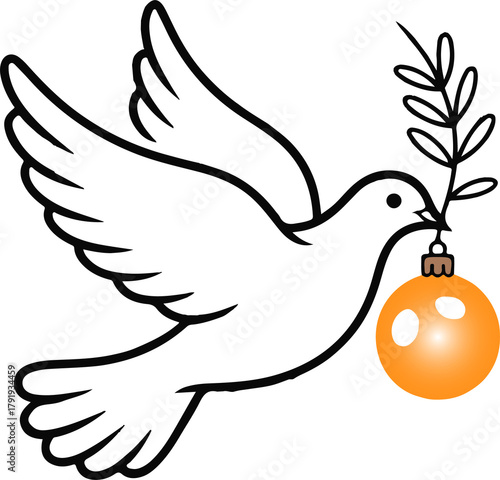 Elegant dove carrying golden Christmas ornament and olive branch, minimal line art on white background, symbol of peace and joy, modern holiday design.