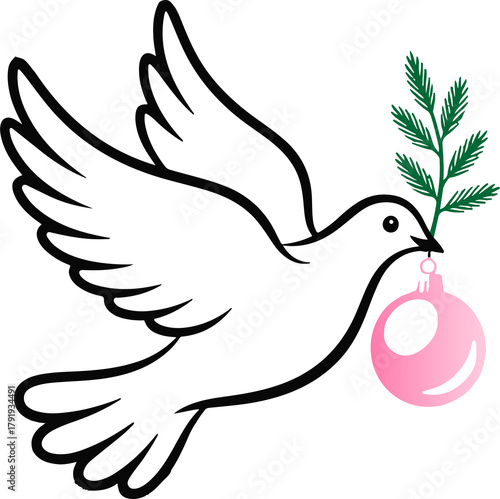 Elegant dove carrying golden Christmas ornament and olive branch, minimal line art on white background, symbol of peace and joy, modern holiday design.