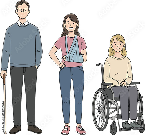 Diverse group of people including a man with a cane, a woman with a broken arm in a sling, and a woman in a wheelchair