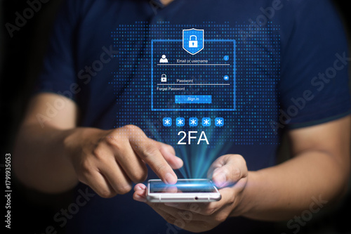 2FA (two-factor authentication) with OTP (one-time password), data protection icons, concept of secure login, cybersecurity, safety, identity verification, and online privacy