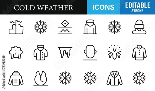 Minimal line art cold weather icons featuring winter clothing, hats, scarves, and snowflakes