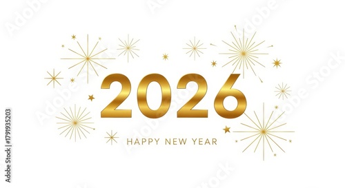 Golden 2026 Happy New Year text with fireworks on a white background.