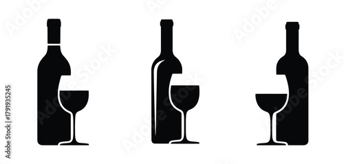 Three black silhouette wine bottles and wine glasses on a white background